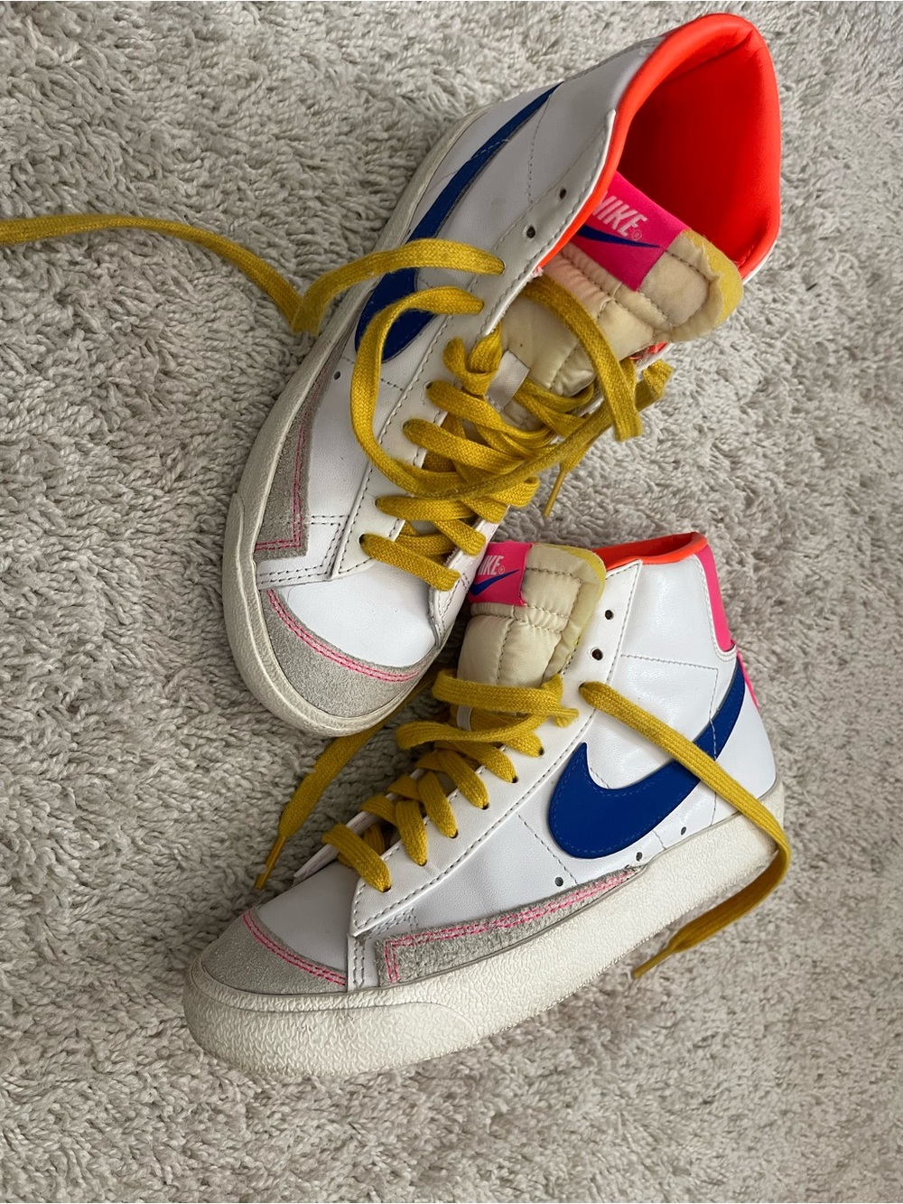Nike White High-Top Sneakers with Blue Swoosh & Yellow Laces